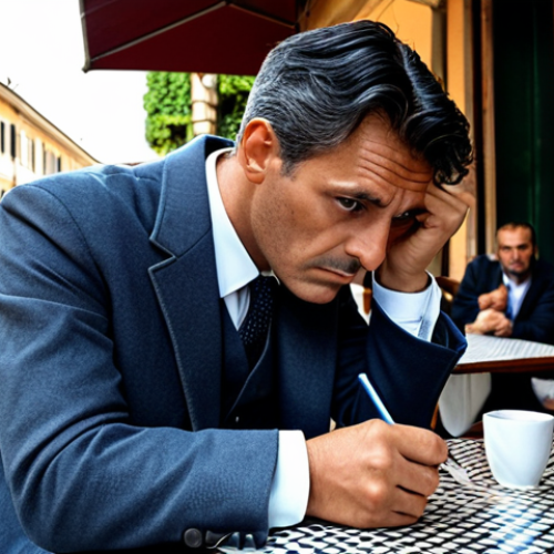 Consulting Detective in Modern Rome**

"A sharp, observant detective, like a modern Sherlock Holmes, fully clothed in a stylish, appropriate Italian suit, examining clues at an outdoor cafe in Rome. The cafe is bustling with activity. Close-up on the detective's face, showing intense concentration. The scene should evoke a sense of mystery and intellectual curiosity. Safe for work, appropriate content, fully clothed, professional, perfect anatomy, correct proportions, natural pose, well-formed hands, proper finger count, natural body proportions, high quality."

**